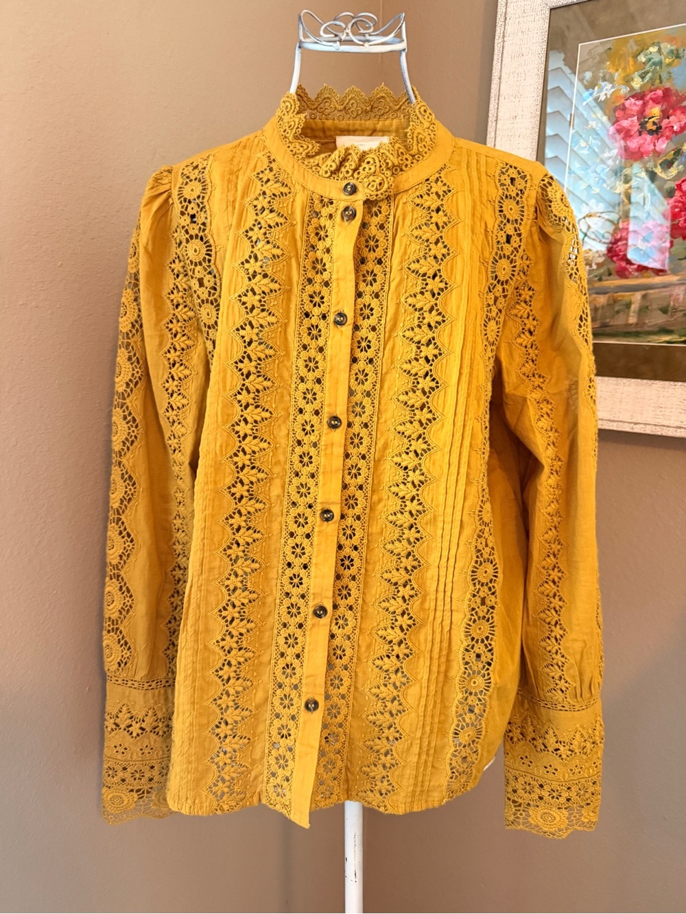 Sézane Rym Cotton Mustard Yellow Embroidered  Blouse Size 32